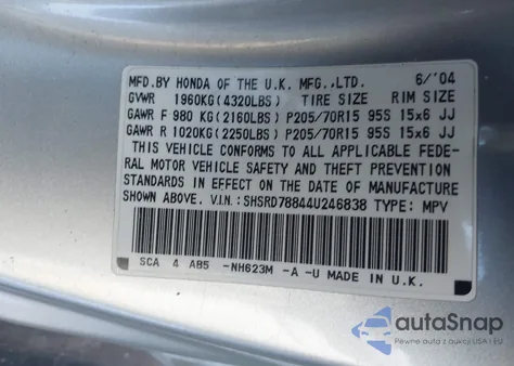 2004 Honda Cr-V Ex z USA, uszkodzony, nr VIN SHSRD78844U246838